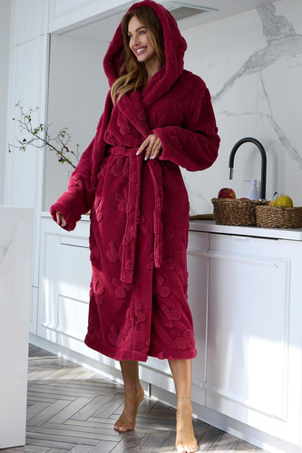 L&L Maya 2631 Damen langer Bademantel mit Kapuze, weich geprägt – Sangria