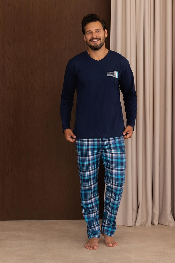 Regina 6011 Herren-Pyjama 100% Baumwolle Langarm Karo-Hose Marineblau