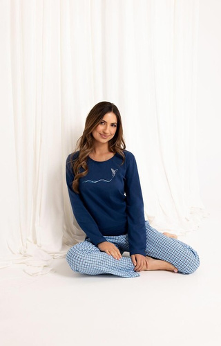 714 Regina Damen-Pyjama, Marineblau – Baumwolle, lange Ärmel, karierte Hose