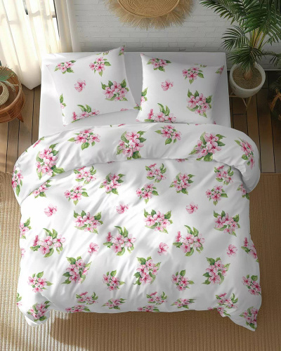 5766 A Cotton Bloom Detexpol weiße Baumwollbettwäsche mit rosa Blumen – 100 % Baumwolle, doppelseitig, polnische Produktion