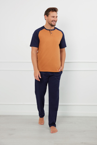 Alexander Herren Kurzarm-Pyjama, lange Hose Italian Fashion - cognac/grenade