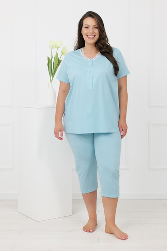 Hemaria Italian Fashion Damen-Baumwoll-Pyjama 3/4 Plus Size türkis