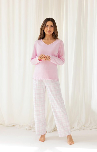 712 Damen-Pyjama „Regina“, rosa – Baumwolle, T-Shirt mit V-Ausschnitt, karierte Hose