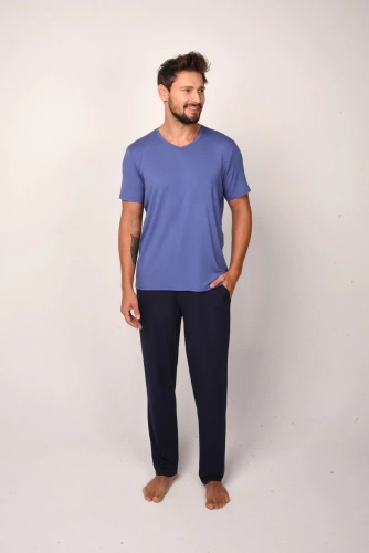 Dallas Herren Schlafanzug mit kurzen Ärmeln, lange Hose Italian Fashion- blau