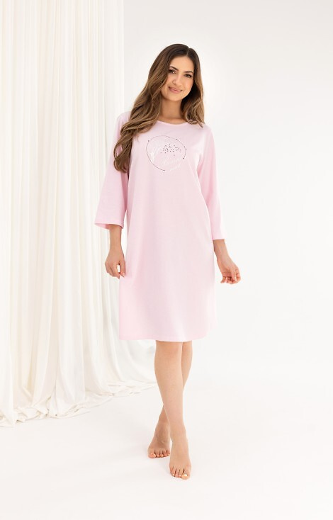 Baumwoll-Nachthemd 167 rosa – 3/4-Ärmel, bedruckt, ausgestellt, oberhalb des Knies