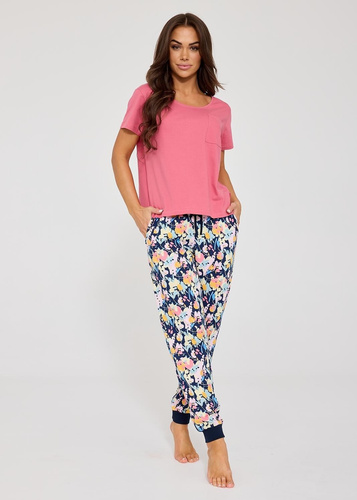 Damen-Pyjama Cornette Pola 730/337 rosa, Baumwolle mit Blumenprint, lange Hose