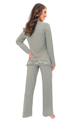 Damen-Pyjama Donna Ramona Long aus Viskose mit Spitze, olivgrün, langärmlig, lange Hose