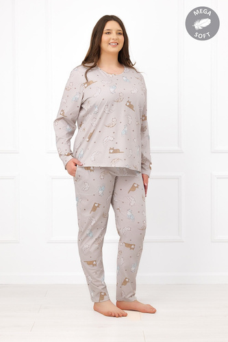 Italian Fashion Filka Damenpyjama Mega Soft lang mit Katzenmuster und Taschen