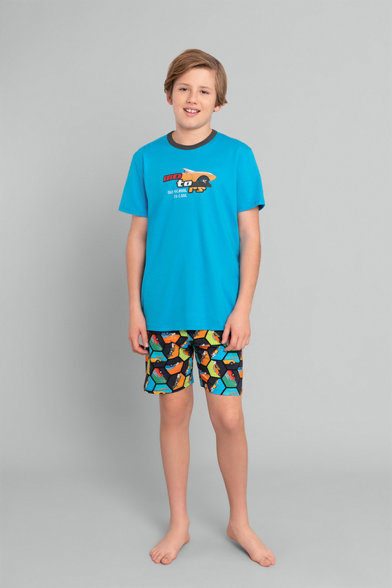 Comic Kurzarm-Schlafanzug für Jungen, Hose Italian Fashion - türkis/print