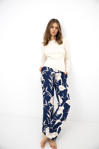 Sensis Azelia Damen Baumwoll-Pyjama Ecru mit Blumenmuster, lange Hose