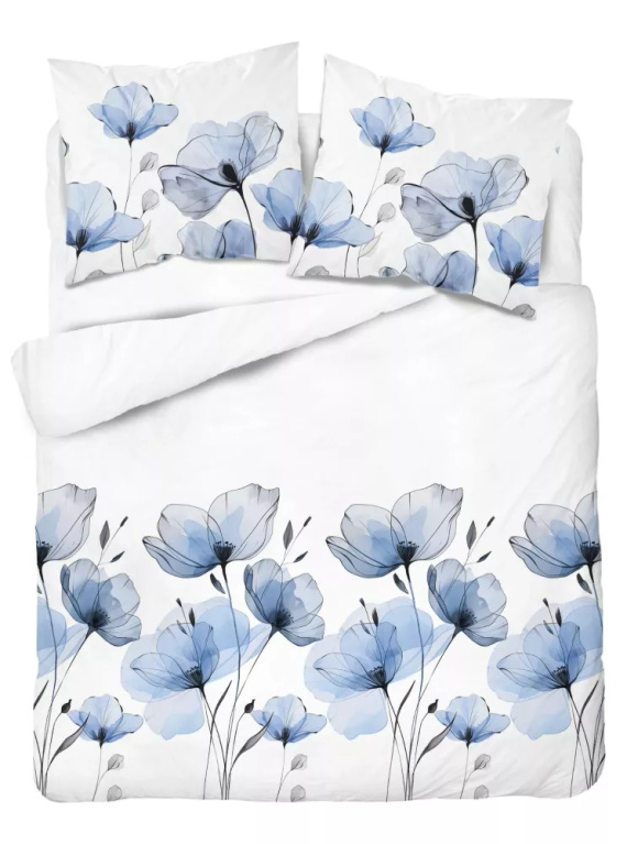 5496 A Weiße Baumwollbettwäsche mit blauen Aquarellblumen Naturalis – Detexpol