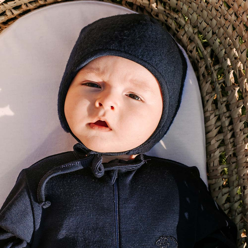 Merino Eevi Baby-Mütze zum Binden, Marineblau – 100 % Merinowolle, Thermoregulierung