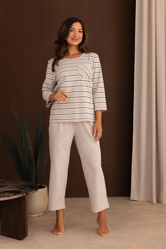 Damen-Pyjama Regina 4025 100% Baumwolle Streifen Ärmel und 7/8-Hose - Beige