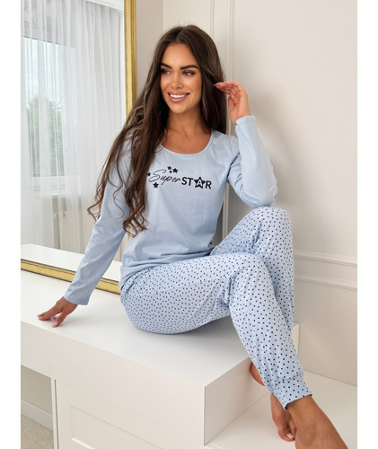 Donna Star Langer Damenpyjama, blau – Baumwolle, lange Ärmel, verpackt in einer Plastiktüte