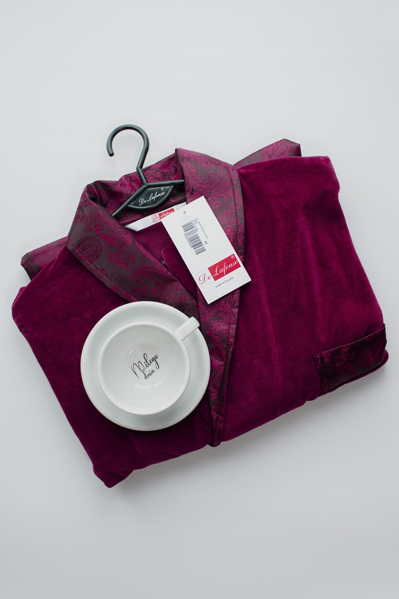 866 Noble Men's De Lafense Velours Bademantel - kurz, elegant, Baumwolle - burgunderrot