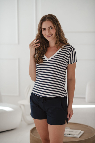 Two Ways Reversible Umstands- und Stillbluse | Kurzarm, bequemes Milk&Love marineblau-weiß gestreift