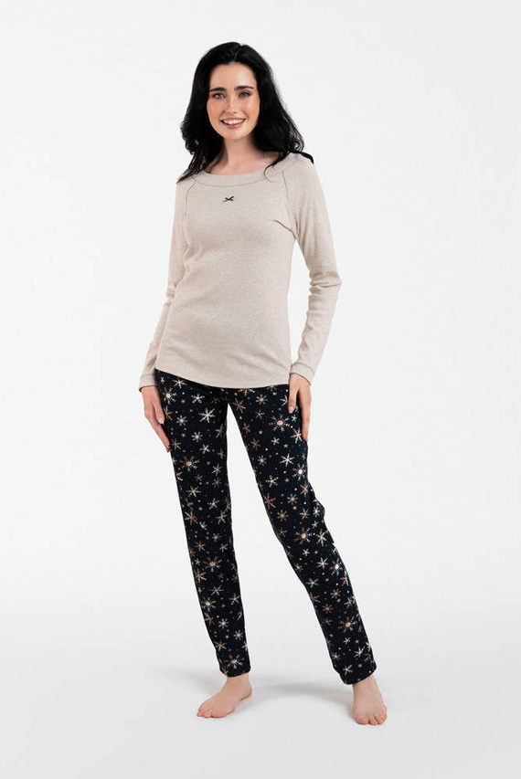 Denali Damen Schlafanzug langarm, lange Hose Italian Fashion- beige melange/print
