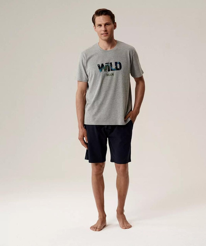 Herrenpyjama NMP-396 – Grau, Marineblau und Baumwolle, kurze Ärmel, leicht und bequem für den Sommer