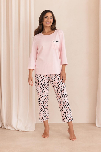 Damen-Pyjama Regina 4018 100% Baumwolle Ärmel 7/8 Hose 7/8 Rosa mit Fleckenmuster