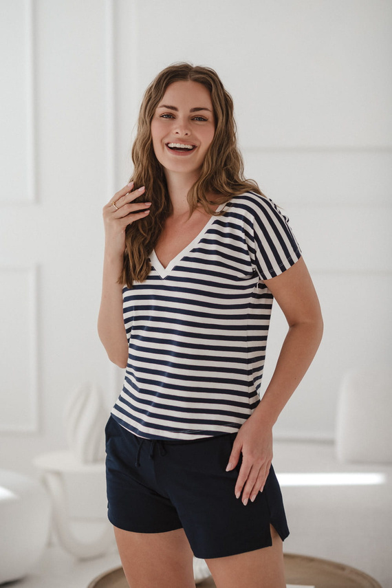 Two Ways Reversible Umstands- und Stillbluse | Kurzarm, bequemes Milk&Love marineblau-weiß gestreift