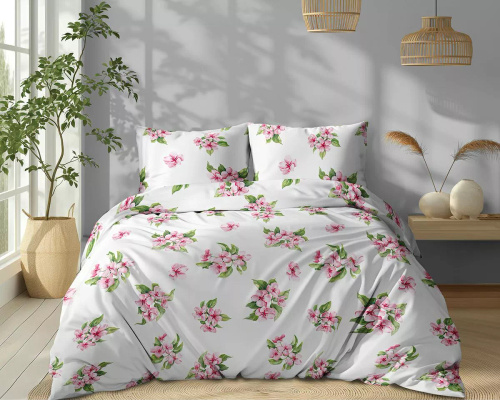 5766 A Cotton Bloom Detexpol weiße Baumwollbettwäsche mit rosa Blumen – 100 % Baumwolle, doppelseitig, polnische Produktion