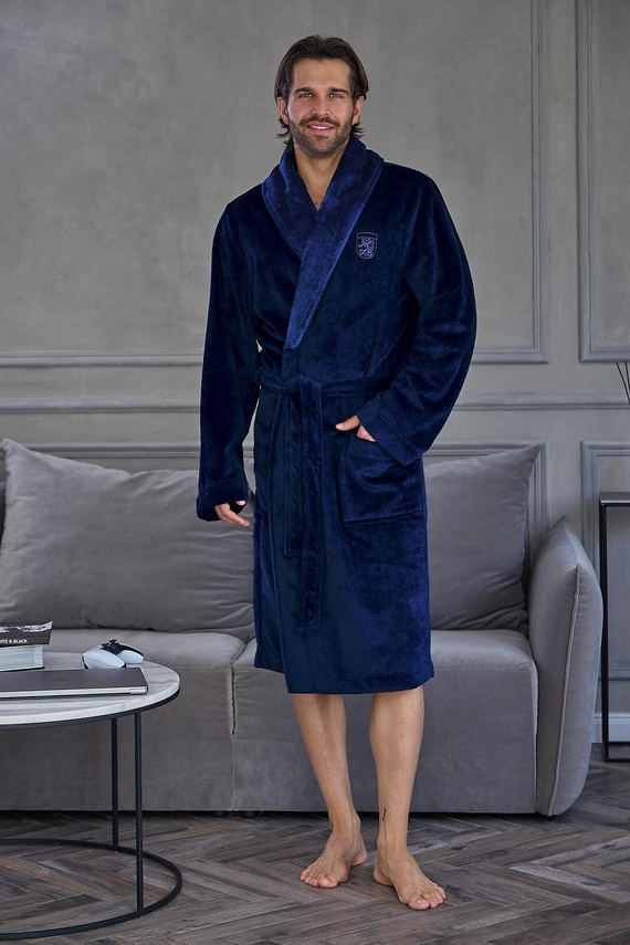 Herrenbademantel L&L 2662 Clever Weich Warm mit Schalkragen Marineblau