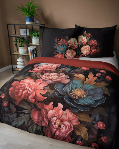 5116 A Holland Detexpol-Baumwollbettwäsche, schwarz, mit Pfingstrosenmotiv – 100 % Baumwolle, doppelseitig, polnische Produktion