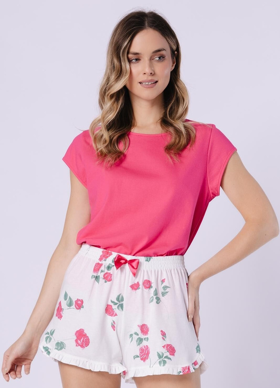 Damenpyjama 1724 Valencja Leveza – Hochwertiger Baumwoll-Pyjama mit Kurzarmshirt, Gemusterten Shorts, Satin-Schleife und Volantabschluss