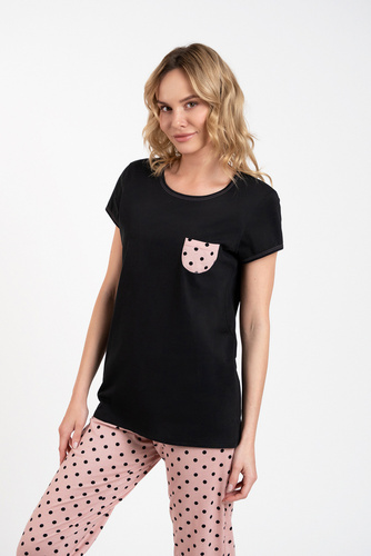 Buscato Damen Schlafanzug kurzarm, lange Hose Italian Fashion schwarz/print