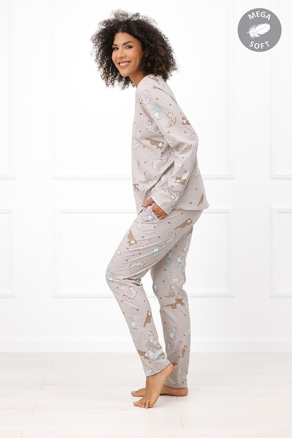 Italian Fashion Filka Damenpyjama Mega Soft lang mit Katzenmuster und Taschen