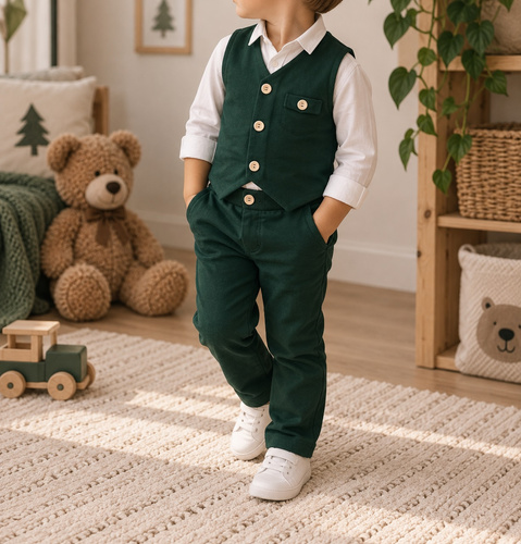 Mamatti KC014 grünes Jungen-Baumwollset mit Weste und Hosen mit Knöpfen