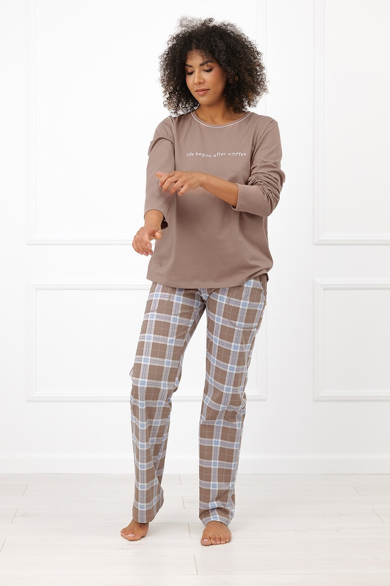 Damen-Pyjama Italian Fashion Delma 100% Baumwolle Lang Hose Kariert-Cappuccino