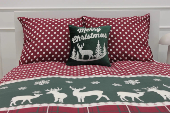 Weihnachtsbettwäsche aus Baumwolle von Spod Needles and Threads – Rentiere, karierte rote und grüne Punkte, Set mit Reißverschluss, 100 % Baumwolle