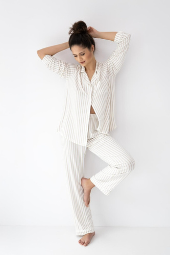 Damenpyjama Amani Sensis ecru-beige, Viskose, Hemdstil, Streifen