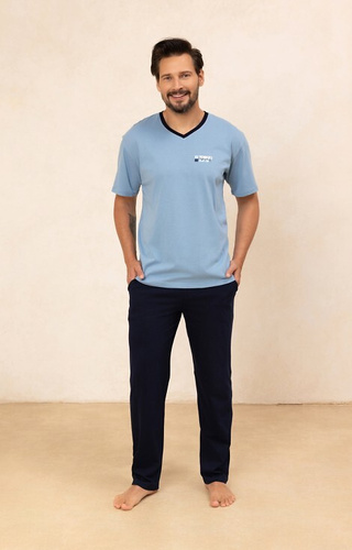 498 Herren-Pyjama aus Baumwolle Regina, blau – T-Shirt mit V-Ausschnitt + lange Hose