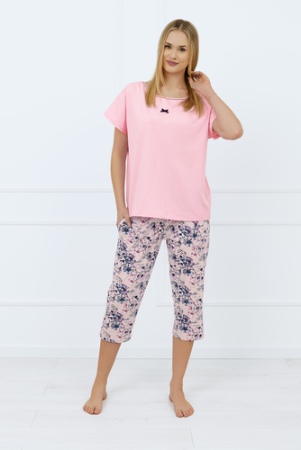 Toliana Damen Schlafanzug kurzarm, 3/4 Hose Italian Fashion - rosa/print