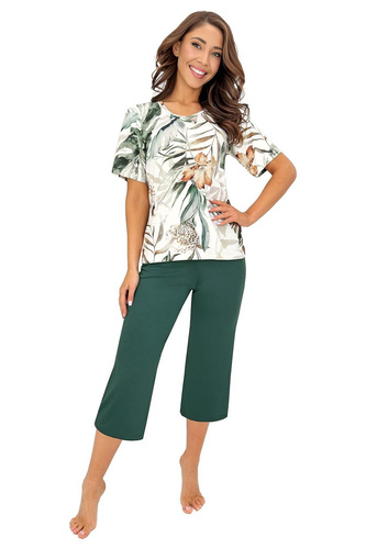 Donna Olivia 3/4 Damenpyjama aus Viskose Ecru-Grün 3/4 Hose