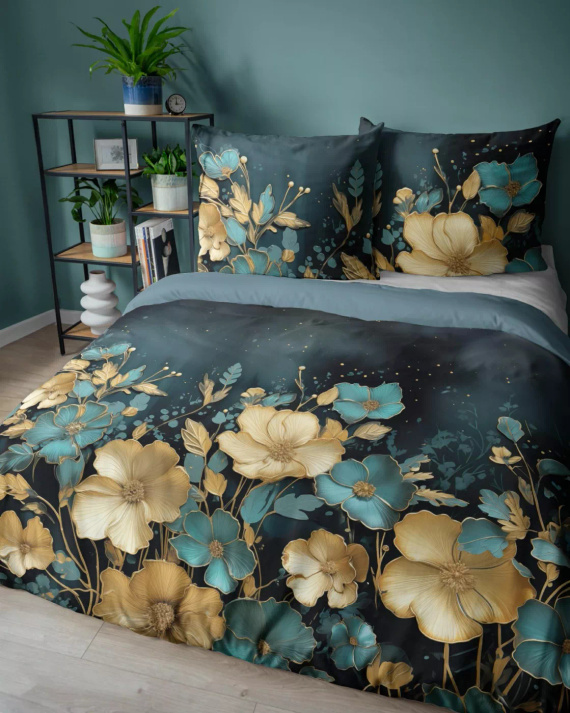 5118 Eine dunkle Baumwollbettwäsche von Holland Detexpol mit goldenen und türkisfarbenen Blumen – 100 % Baumwolle, doppelseitig, polnische Produktion