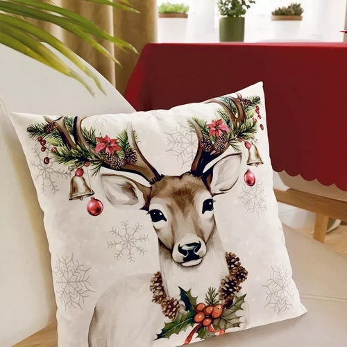 PBN288n Vintage-Kissenbezug mit Hirschmotiv, weihnachtlich, Marquisette