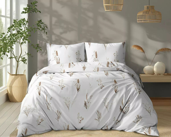 5771 B Cotton Bloom Detexpol weiße Baumwollbettwäsche mit braunem und beigem Gras und Ohren – 100 % Baumwolle, doppelseitig, polnische Produktion