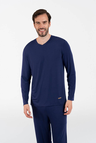 Akord Herren Schlafanzug langarm, lange Hose Italienische Mode - navy blau