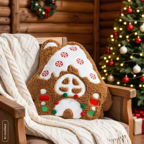 Eurofirany 367 Weihnachtskissen Haus 41 cm brauner Samt mit Stickerei