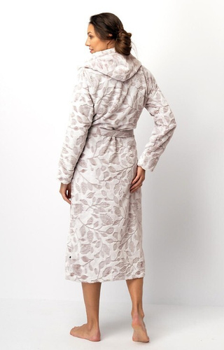 LGL 545 Key Damen-Bademantel Ecru-Mocca – weich, mit Kapuze, in der Taille gebunden