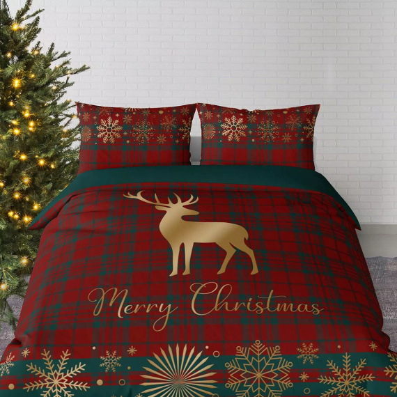 5824 A Baumwoll-Weihnachtsbettwäsche Christmas Dreams Detexpol, kariert mit Rentieren Merry Christmas – Weihnachtsset aus 100 % Baumwolle