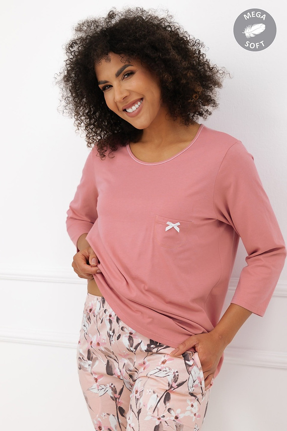 Italian Fashion Kafelia Damen-Pyjama Mega Soft 3/4 Blumen mit Tasche