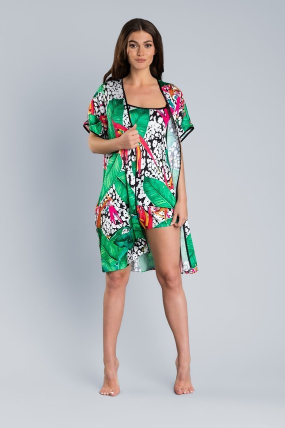 DORITA Damen Satin Bademantel Italienische Mode- print/grün