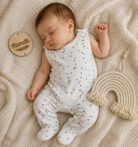 Baby-Schlafanzug SC16230 Mamatti weiß mit Sternen aus Baumwolle