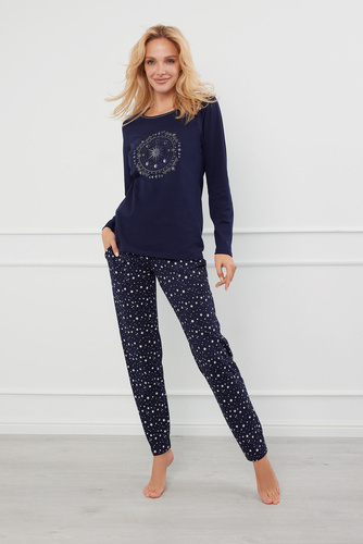 Arugia Damen-Schlafanzug langarm, lange Hose Italian Fashion - navy blau/print