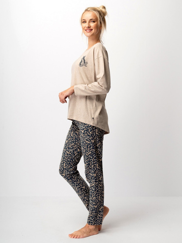 Key LNS 707 Damen-Pyjama, Beige – Baumwolle, lange Ärmel, elegant
