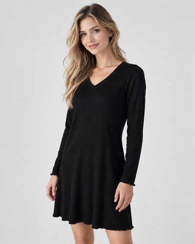 Eladar Greya Schwarzes Damen-Viskose-Shirt mit Rippenstruktur, Spitze und V-Ausschnitt